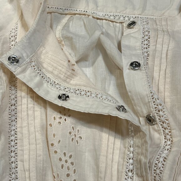 Joie Ivory Broderie Anglaise Cotton Peplum Blouse Top Size M Crochet Lace Snap - Picture 3 of 8